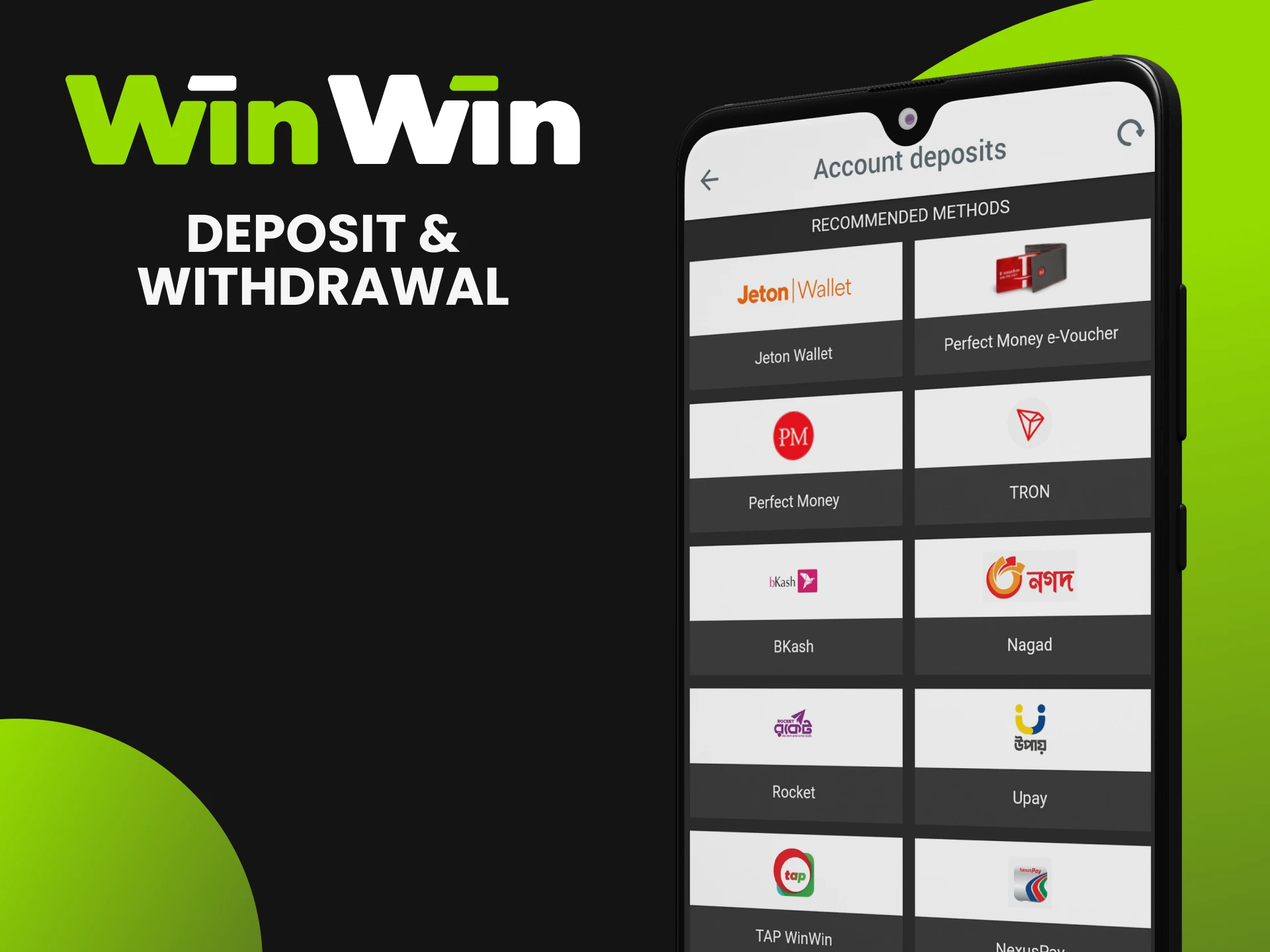 How to make deposits and withdraw winnings in WinWin mobile app.