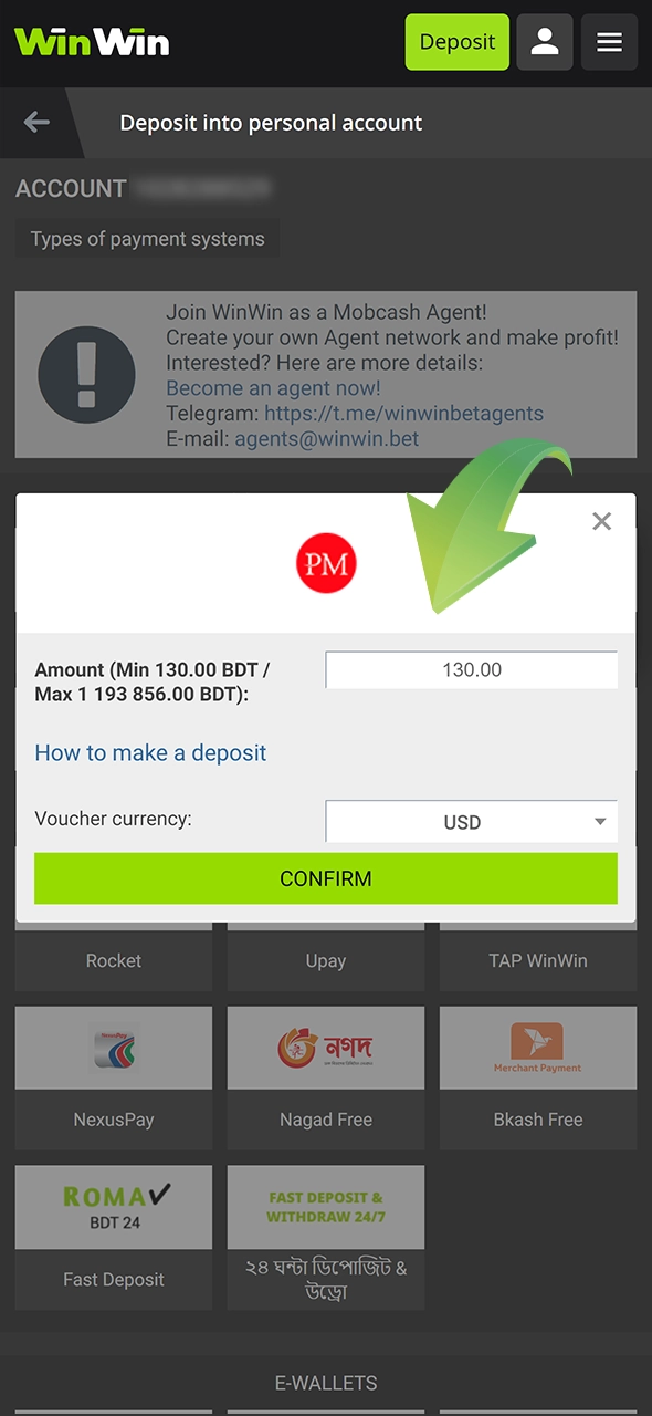 In the form that opens at WinWin, you need to specify your payment details.