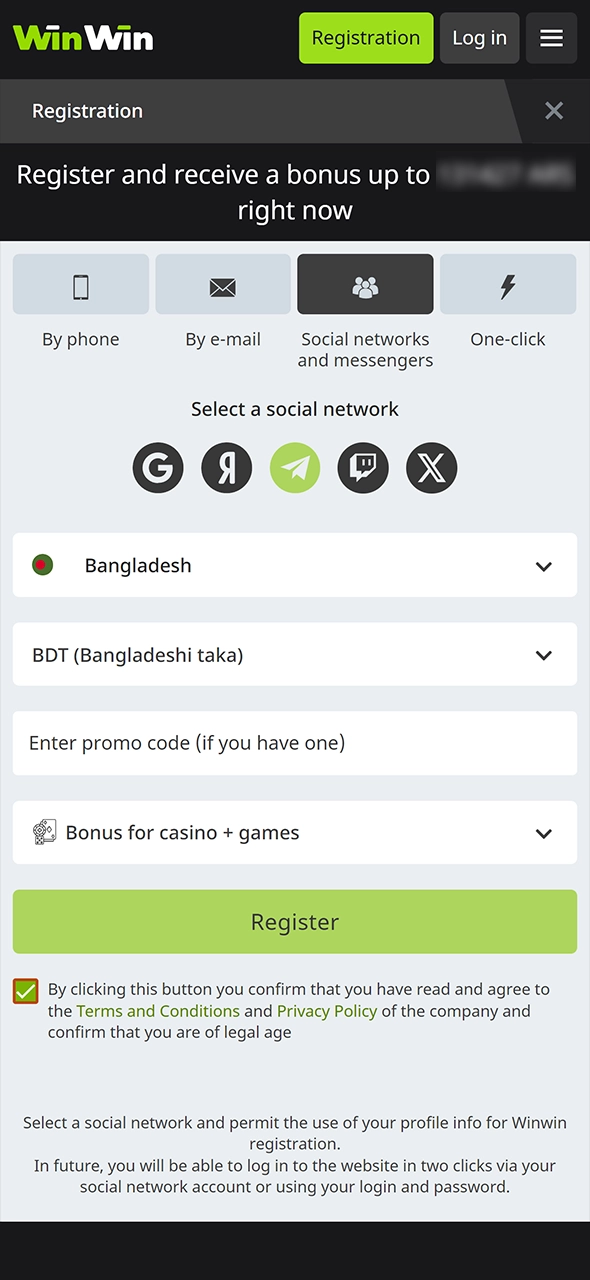 Choose the bonus and specify your personal data at WinWin.