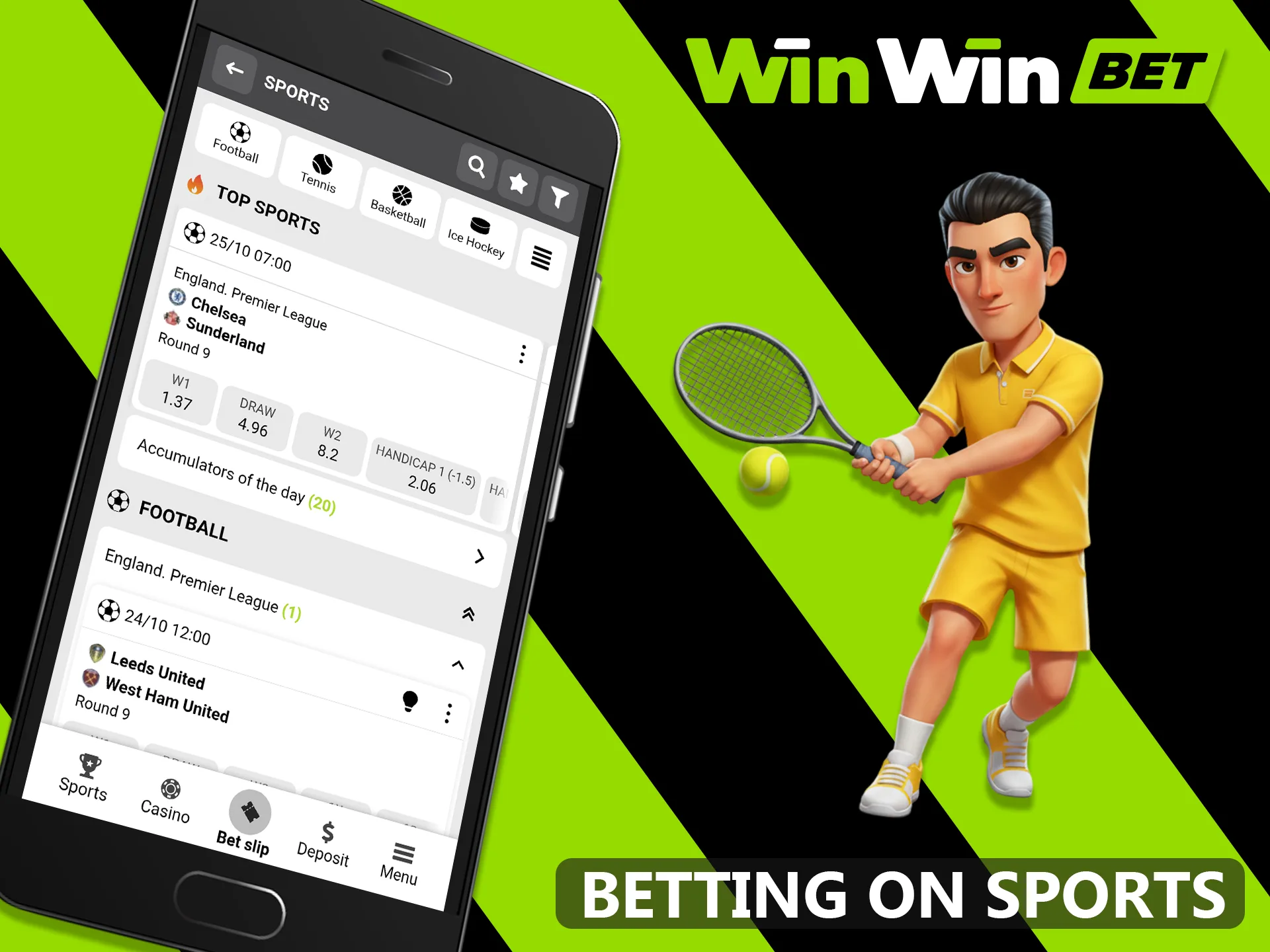 In the WinWin mobile application you can bet on all popular sports.